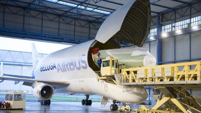 Som ei matrjosjkadukke ble neseseksjonen på første Beluga XL fraktet med et A300-600ST. Delen ble bygget av Stelia Aerospace-fabrikken i Méaulte, som for øvrig ligger midt i slagfeltet for Slaget ved Somme (1916). Bilde: Airbus