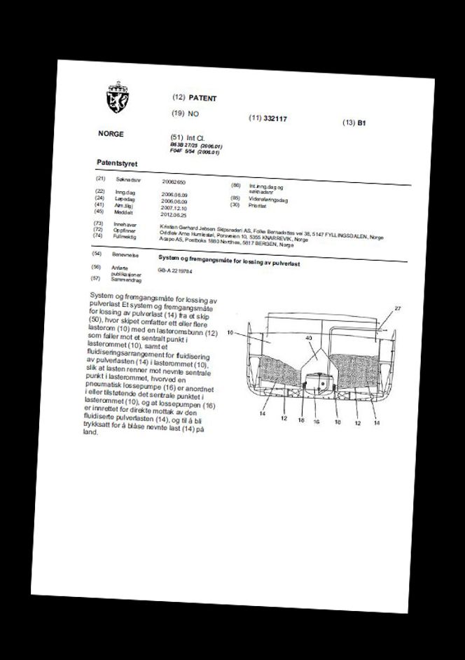 Jebsens patent for å losse sement og andre pulverlaster. Foto: Faksimile