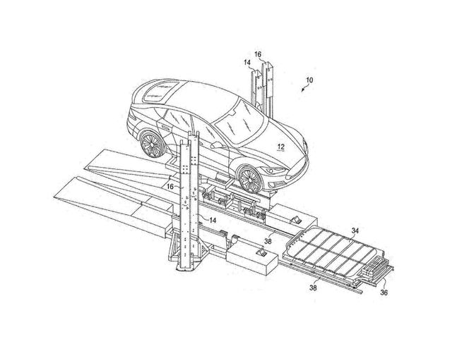 Slik ser Elon Musk og Tesla for seg at batteribytte kan skje. Skissene er hentet fra pantentsøknaden til United States Patent Application Publication der går det frem at skiftet skal ta 15 minutter. Foto: Tesla