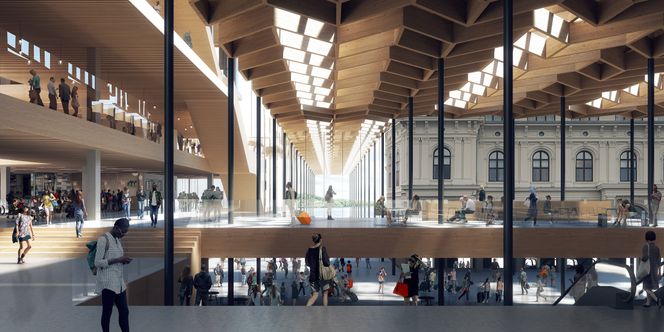 Illustrasjon av stasjonsetasjene i det kommende høyhuset. Illustrasjon: Reiulf Ramstad Arkitekter og C F Møller