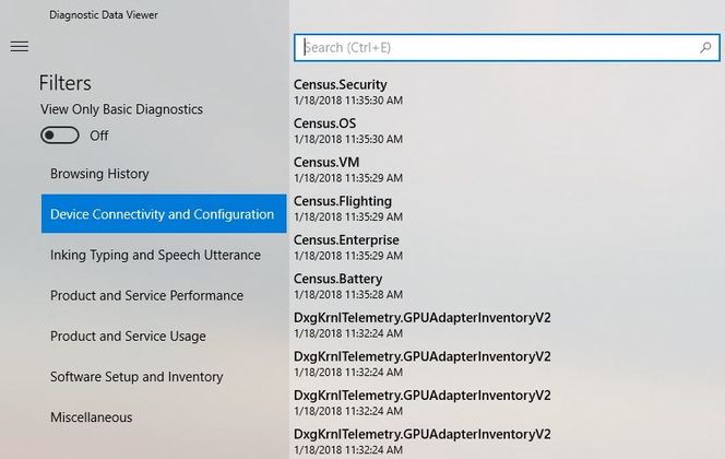 I det kommende verktøyet skal det finnes en liste med kategorier over diagnosehendelser. Disse definerer hvordan disse hendelsene brukes av Microsoft. Skjermbilde: Ambar Soni/Microsoft