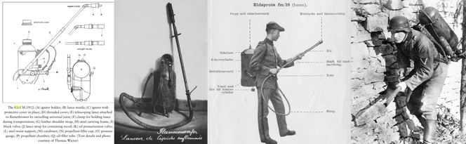 Utviklingen fra den første, her også med den svenske varianten fra første verdenskrig, til en av de tyske versjonene som var i bruk under andre verdenskrig. Her en tysk soldat på Østfronten i november 1941. Det er sannsynlig at flammekasteren er en Flammenwerfer 35 som kunne skyte flammer i ti sekunder om gangen og nå opp mot 30 meter. Foto: NTB Scanpix.