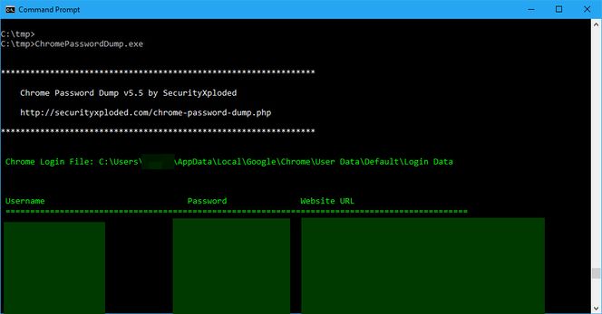 ChromePasswordDump-verktøyet lister i klartekst innholdet i den krypterte passorddatabasen til Chrome. Skjermbilde: digi.no