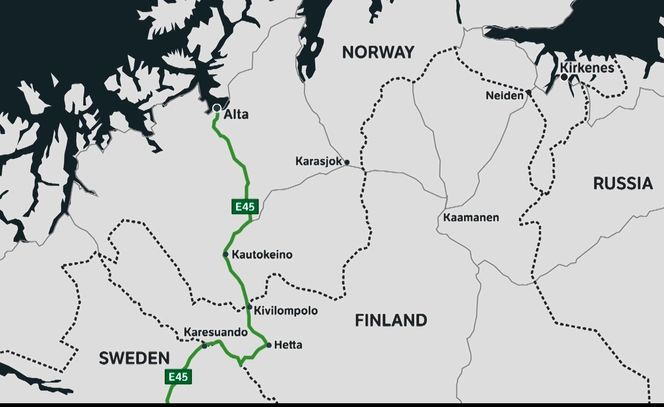 E45 er nå forlenget fra Karesundo i Sverige til Alta i Norge. Montasje: Statens vegvesen