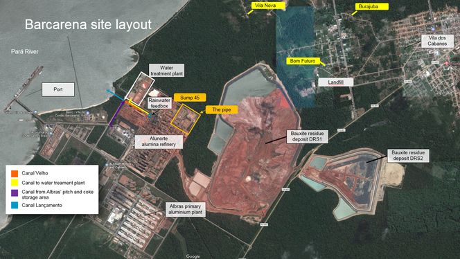 Satellittbilde av Alunorte-anlegget. Vannrenseanlegget ligger oppe til venstre. Området som ble oversvømmet 17. februar og der det ble avdekket et rør som var lekk, ligger i det nordøstre hjørnet (Gult, merket Sump 45 og The pipe). Ytterligere fire rør ble oppdaget. Det eldste deponiet DRS1 ligger midt i bildet og det nye deponiet DRS2 til høyre. Rundt deponiene er det oppsamlingsrenner for regnvann. Det blir renset og pH-nøytralisert før det slippes ut i elva. Drikkevannsinntaket ligger 1 kilometer ovenfor Alunorte. Bilde: Google/Hydro