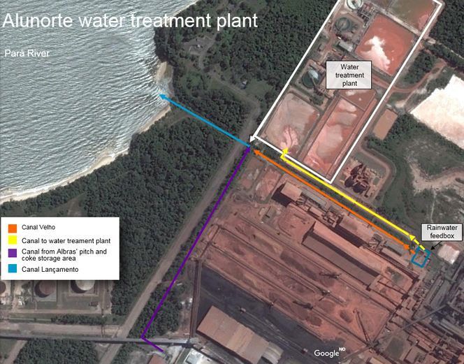 Satellittbilde av området rundt vannrenseanlegget og fargekoder som viser navn på kanalene som fører overflatevann og renset vann ut til elven Pará. Elva er dobbelt så bred som Sognefjorden. Foto:  Google/Hydro