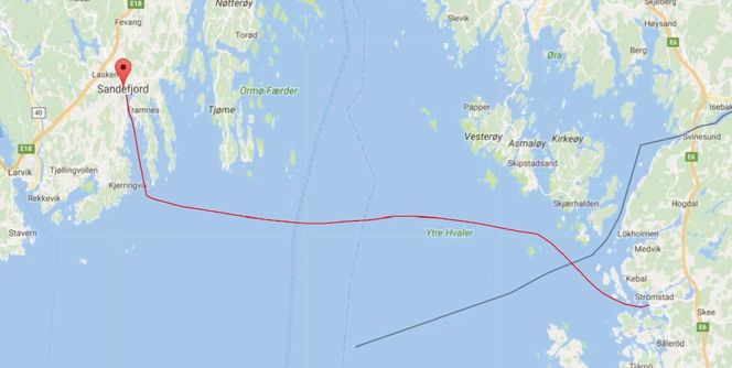 Kartet viser ruten Sandefjord-Strömstad. Fra Sandefjord til Kvernberget (der ruta knekker mot øst) skal Color Hybrid seile på batteri, det vil si i 30 minutter begge veier. Foto: Color Line/Google