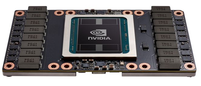 Tesla V100 er en GPU beregnet på datasentre, spesielt laget for å akselerere kunstig intelligens. Den er basert på Nvidias Volta-arkitektur. Foto: Nvidia