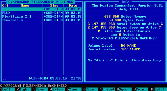Norton Commander v.5.51 var den siste utgaven av programvaren som ble utgitt til MS-DOS. Den lever videre i klonen Midnight Commander, som er tilgjengelig for blant annet MacOS og Linux-baserte operativsystemer. Skjermbilde: Wikipedia