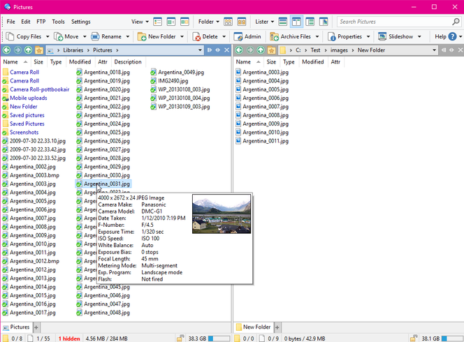 Typisk for ortodokse filbehandlere er bruken av to symmetriske filpaneler. Opprinnelig var det også gjerne et kommandolinjefelt, men i nyere verktøy som Directory Opus (her versjon 12 for Windows) er dette erstattet med vanlige menyer og verktøylinje. Skjermbilde: GPSoftware