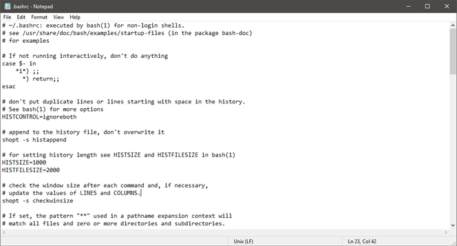 Slik skal .bashrc-filen egentlig se ut, etter hvert også i Notepad. Skjermbilde: Microsoft