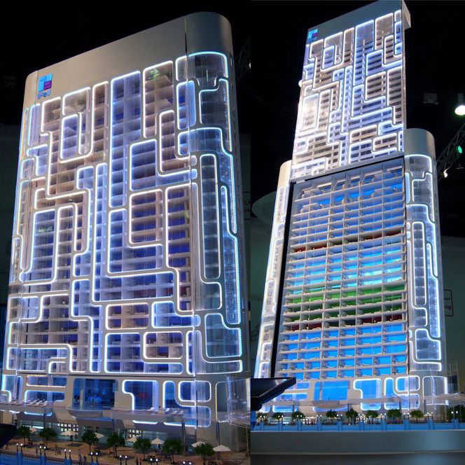 En modell av "The Pad", bygningen som arkitekten James Law har designet til å se ut som en Ipod. Illustrasjon:  James Law Cybertecture