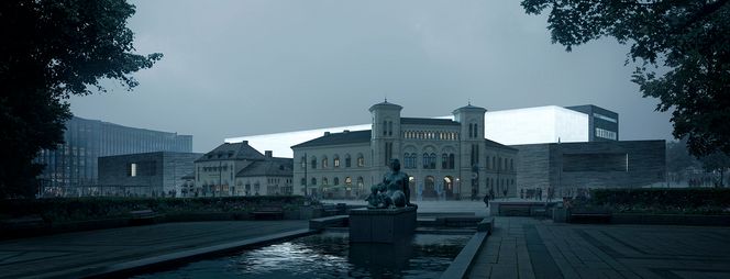 Mer enn 7000 ledpærer i hulrommet mellom den indre og ytre glassveggen, skal få alabasthallen til å skinne i mørket. Foto: MIR/ Statsbygg/ Kleihues + Schuwerk