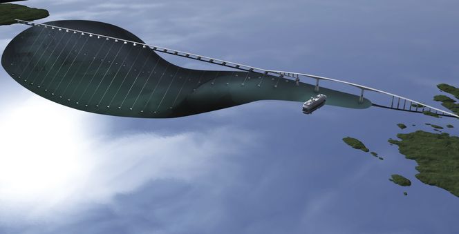 Et av alternativene for å krysse den over fem kilometer brede Bjørnafjorden er flytebru med sideforankring. Illustrasjon: Statens vegvesen