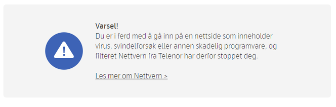 Dette er advarselen Telenor-kundene heretter ofte vil få dersom de besøker en webside med skadelig innhold. Illustrasjon: Telenor