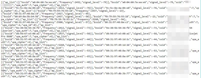 Utdrag av informasjon om wifi-soner i nærheten av journalistens Chromecast. Informasjonen omfatter signalstyrken til hver sone. Kun navnene på sonene (SSID-en) er sladdet. Skjermbilde: digi.no