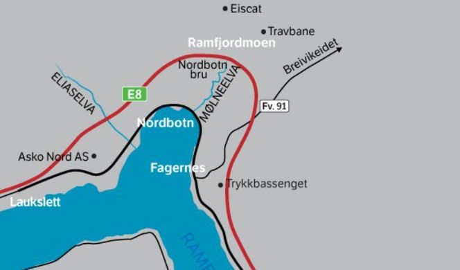 Ny E8 er planlagt å gå lenger unna fjorden, men prosjektet har blitt mye dyrere enn antatt. Foto: Statens vegvesen