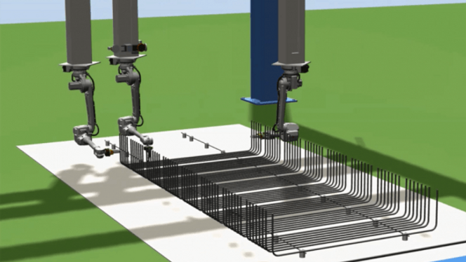 I Skanskas armeringsrobot henter to robotarmer armeringen fra klippebordet og holder den fast i formen, mens en tredje robotarm binder armeringen sammen. Prosessen styres av data fra 3D-modeller av armeringen som blir oversatt til robotbevegelser. Foreløpig finnes roboten bare som en skalamodell i 1:4, men Skanska regner med å ta i bruk en utgave i full størrelse innen et par år. Foto: Skanska