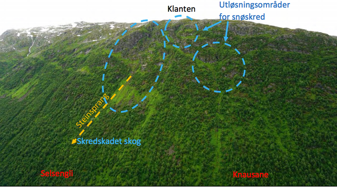 Fjellsiden ovenfor Selseng i Sogndal, tatt mot nordøst. Det mest potensielle utløsningsområdet for snøskred ovenfor hele kartleggingsområdet er vist med blå, stiplet linje. Skjermbilde: Fra NVEs rapport til Sogndal kommune fra i fjor.