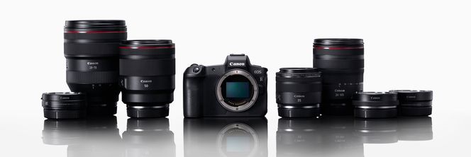 Familiebilde: Nytt kamera, fire nye objektiver og tre adaptere som bygger bro til fortiden. Foto: Canon