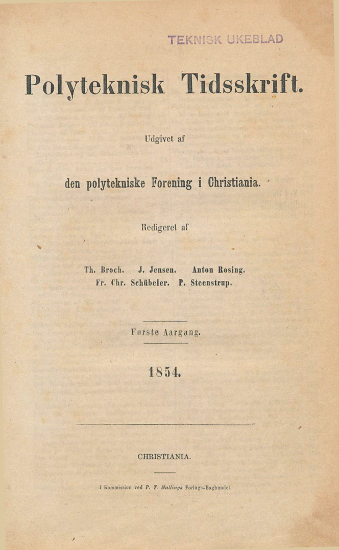 Den aller første utgaven av Polyteknisk Tidsskrift - fra 1854. Foto:  Skjermdump