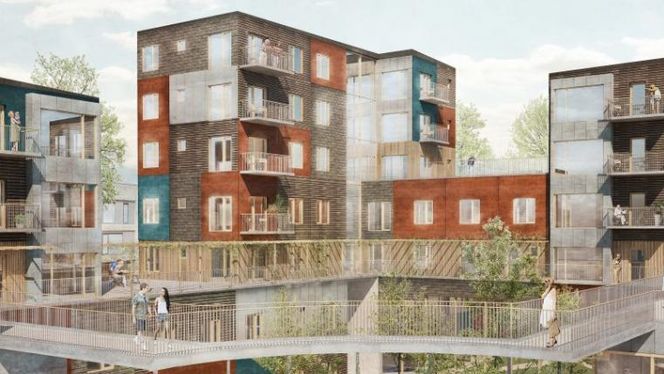 I det nye byområdet Køge Kyst er foreningen Fællesbyg i ferd med å selge eierleiligheter i et sjuetasjers karrébygg med bærende konstruksjoner i tre. Det vil sette ny høyderekord for danske trebygninger hvis det realiseres. Illustrasjon: Vandkunsten