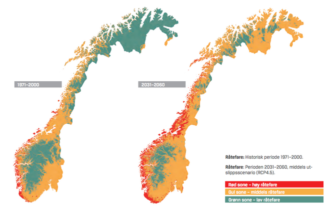 Kart over ulike soner i klimafremskrivingen for henholdsvis historisk periode og perioden år 2031–2060. Både tre- og murkirker får utfordringer ved økt fuktbelastning over tid. Skjermbilde: KAs nøkkeltallsrapport om klimasikring av kirker