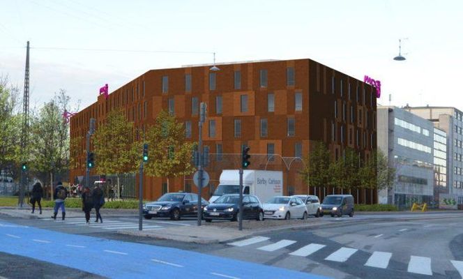 Slik skal hotellet se ut når det står ferdig i begynnelsen av 2019. Den endelige fasadeutformingen er fremdeles ikke helt fastlagt. Illustrasjon: Moxy Hotel