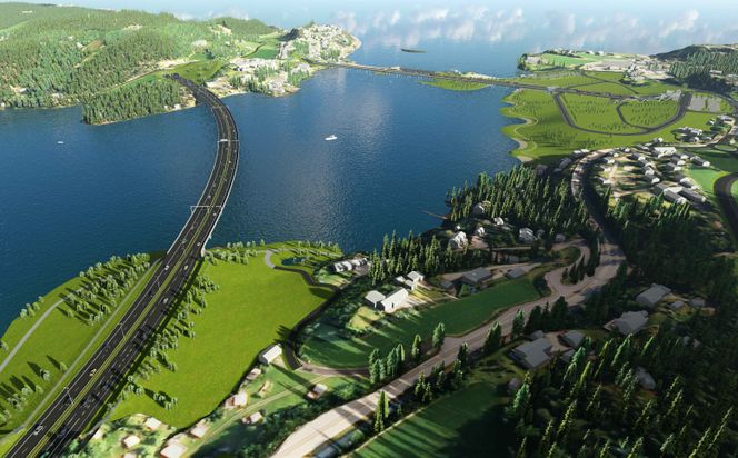 Over fjorden: Jernbanens kryssing av Kroksund og E16-brua over Tyrifjorden var lenge noe av det mest betente rundt utbyggingen av nye hovedfartsårer i Hole. Så sent som i 2002 vedtok Stortinget at en jernbane her måtte gå om Åsa på østsiden av Steinsfjorden for å unngå en kryssing av Kroksund. Det vedtaket ble opphevet i 2015. Foto:  Fellesprosjektet Ringeriksbanen og E16 / Bane NOR