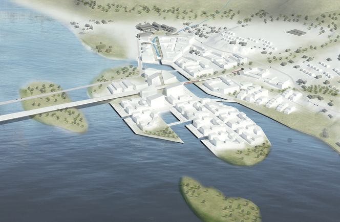 Det er utført tre mulighetsstudier som viser hvordan man kan få til en bymessig utvikling med utgangspunkt i den nye jernbanestasjonen på Sundvollen. Illustrasjonen er hentet fra LPO Arkitekter, landskapsarkitektene SLA, Insam og Norsam sin studie, og viser muligheter for å etablere 3000 boenheter til 6000 nye innbyggere med gangavstand til stasjonen, forutsatt stor fjordfylling. Foto:  LPO Arkitekter / SLA