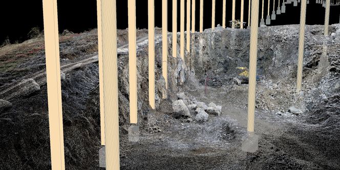 Modell fra grunnarbeidene. Bildet viser søylefundamentene som står i grunnen under skihallen, før fyllmassene er lagt ut. Montasje: Petter Ryen/Isachsen Anlegg AS