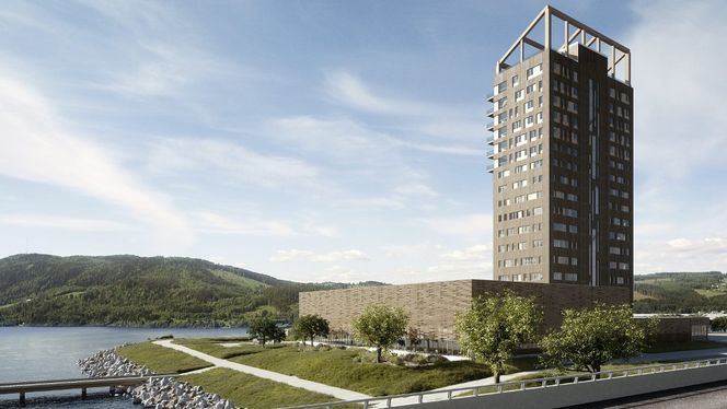 Bygget i forgrunnen skal inneholde vanlig svømmebasseng og et velværebasseng. Illustrasjon:  Voll arkitekter