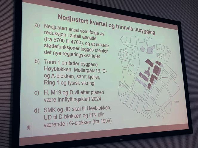 Dette er regjeringens plan for trinnvis bygging av regjeringskvartalet. Foto: Tuva Strøm Johannessen