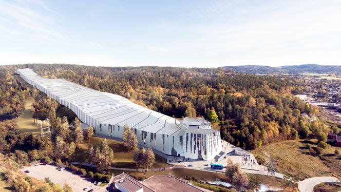 Slik skal det innendørs skianlegget «Snø» på Lørenskog utenfor Oslo se ut når entreprenør Betonmasthæhre Romerike overleverer det til byggherren Vinterparken i desember 2020. Illustrasjon: Halvorsen & Reine AS/Betonmasthæhre