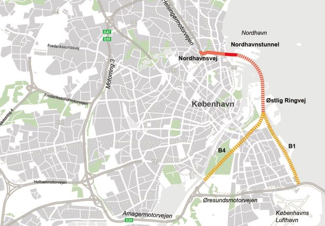 Dagens undersøkelser for en havnetunnel blir utvidet med et alternativ som går langs østkysten av Amager. Illustrasjon:  Ulrik Andersen, By og Havn