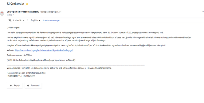 Phishing-eposten som mange islendinger har mottatt. Illustrasjonsfoto: Lögreglan