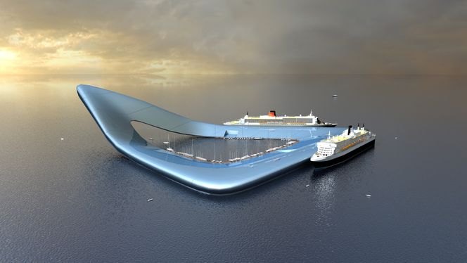 Cruiseterminal: Denne illustrasjonen viser hvordan cruisebåtene kan legge til ved et flytende kaianlegg. Foto: Waterstudio