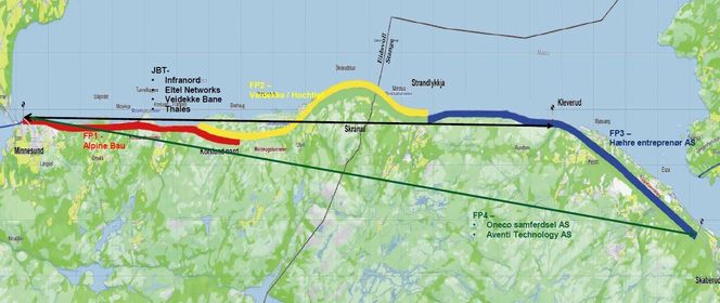 Skisse over de ulike parsellene i Fellesprosjektet langs Mjøsa. FP3 er markert med blått. Kartet er orientert mot vest. Foto: Statens vegvesen/Bane Nor