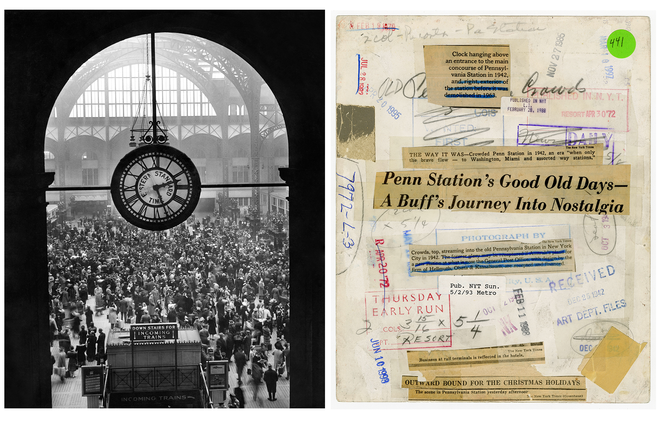 Forsiden og baksiden av et arkivert New York Times-fotografi fra Pennsylvania Station i New York City i 1942. Foto: Google