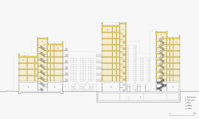 At massivtre gjør dette komplekset fem ganger så lett som det ville veid i betong, gjorde at det kunne bygges over en togtunnel. Illustrasjon:  Waugh Thistleton