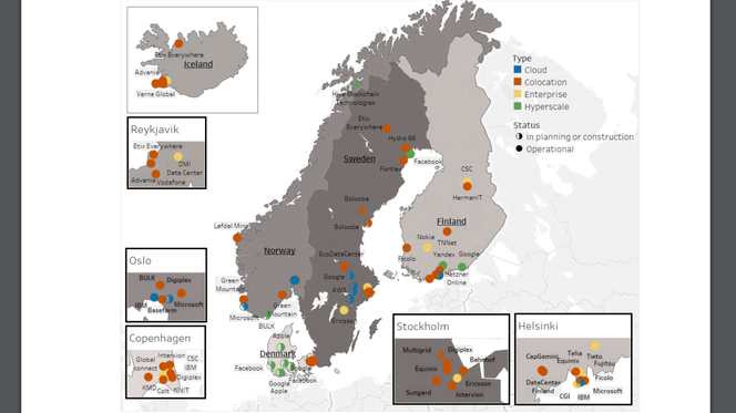 Figuren viser betydelige datasenterinvesteringer som er i drift, under bygging/planlegging eller der areal er satt av til regulering. En rekke mindre datasentre og co-lokaliseringssentre er ikke med på kartet. Illustrasjon: Cowi