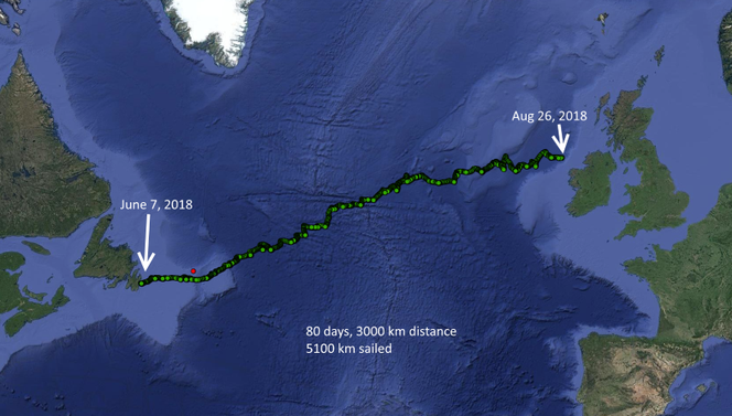 Sailbuoys rute over Atlanterhavet. Men de største strabasene opplevde farkosten etter at verdensrekorden var satt, da den skulle krysse Norskehavet. (Ill: Offshore Sensing) Ill: Offshore Sensing