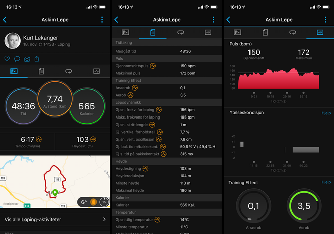 Garmin Connect-appen gir deg god oversikt over treningsøktene dine, med mulighet for å drille deg ned i detaljene.
