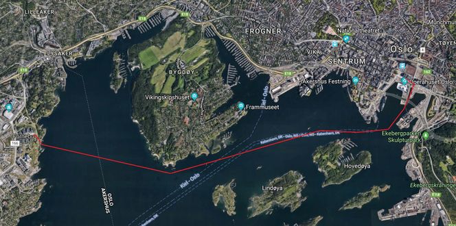 RUTA: Her fløy dronetransporten fra Barcode til Fornebu.