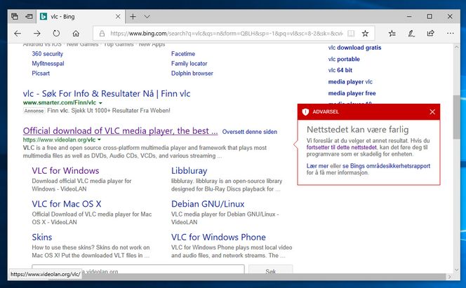 Bing advarer mot den originale VLC-siden, men ikke mot mylderet av uoffisielle nedlastingssteder. Skjermbilde: digi.no