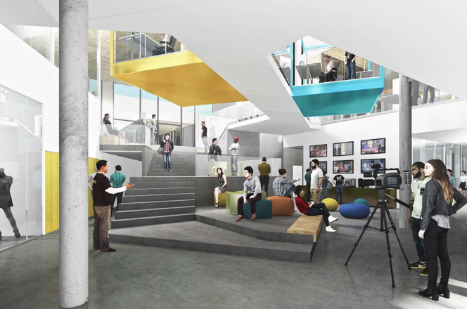 Illustrasjonen over er tatt fra vrimletorget rett innom vindfanget med sikt opp den terasserte trappen opp til en gjennomgang til et annet bygg. Illustrasjon:  K Nordang AS/Peab/Link arkitektur