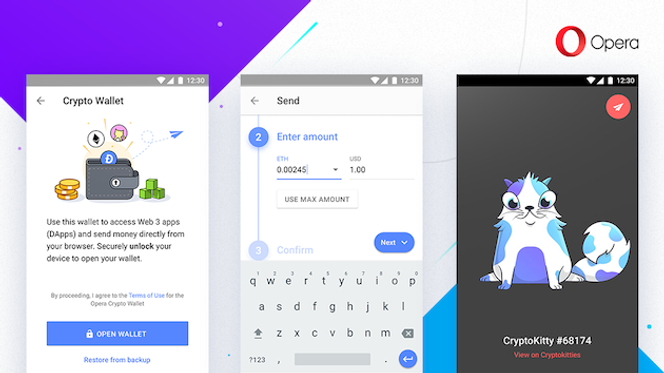 Android-utgaven av Opera har en innebygd Ethereum-lommebok som blant annet kan gi brukerne tilgang til distribuerte apper (DApper). Illustrasjon: Opera Software