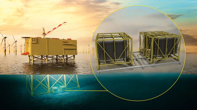 Offshore vind: Den nye subseakjøleren har fått uventet spinoffs på vindkraftanlegg offshore, hvor den vil passe inn slik illustrasjonen viser. Illustrasjon:  Future Technology