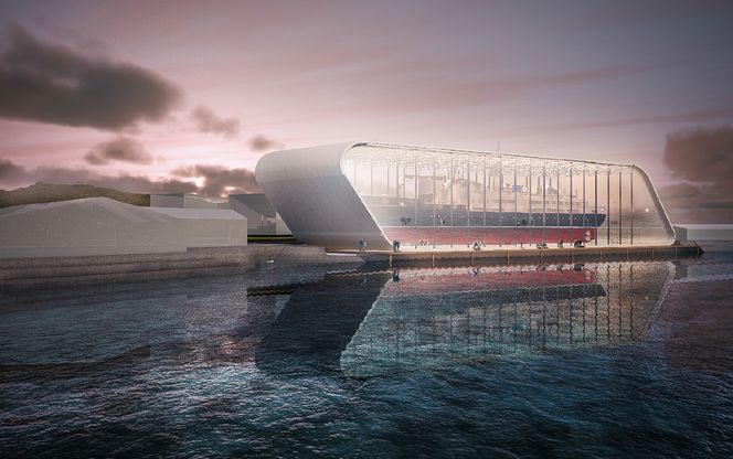 Slik skal det ferdige hurtigrutebygget med vernebygg se ut. Illustrasjon: LINK arkitektur