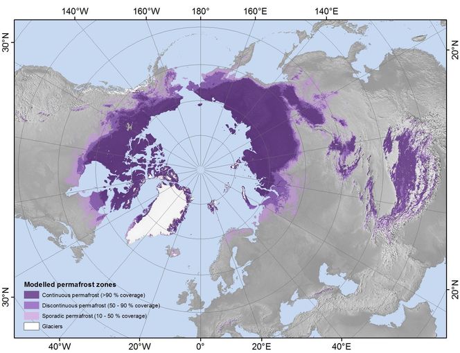 De fargede områdene på kartet viser hvor det i dag er permafrost. Den sørlige grensen beveger seg nordover år for år. Kart: Universitetet i Oslo